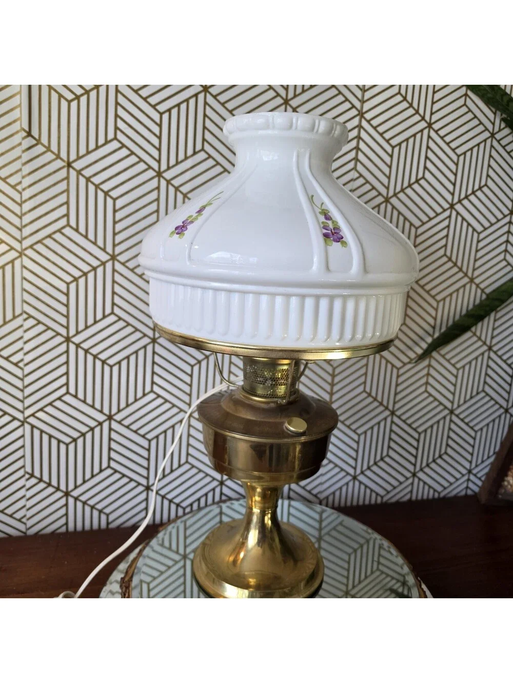 Vintage Kerosene Oil Style Brass Lamp Mill Glass Shade Purple Floral Hong Kong